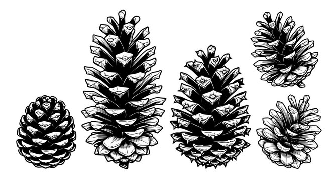 Set of pine cones in various sizes and stages of maturity isolated on white background as black and white ink style vector illustration for seasonal forest and nature themed design