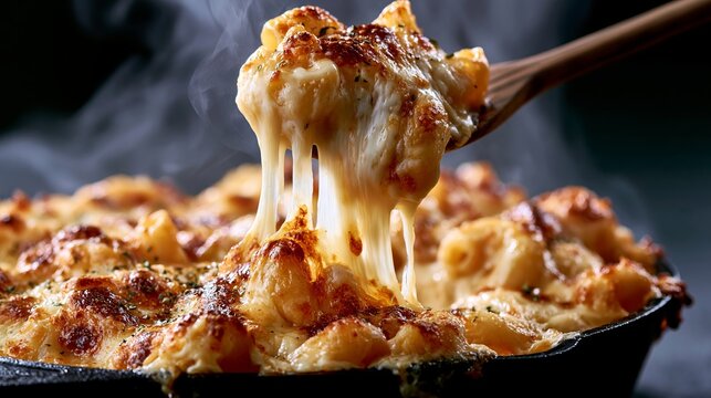 Cheesy baked macaroni, hot and gooey with a stringy cheese pull.