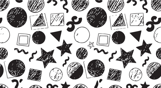  geometric poster set with a4 format preview. Retro black and white geometric Bauhaus pattern background. Square, circle, semicircle, triangle and square line pattern