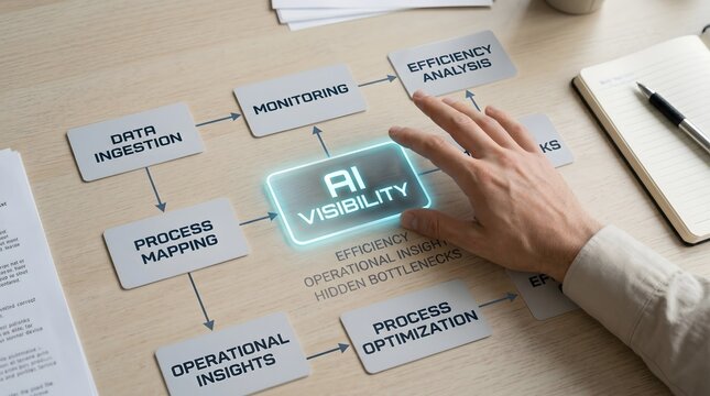 Artificial intelligence concept with hand pointing to glowing AI visibility diagram