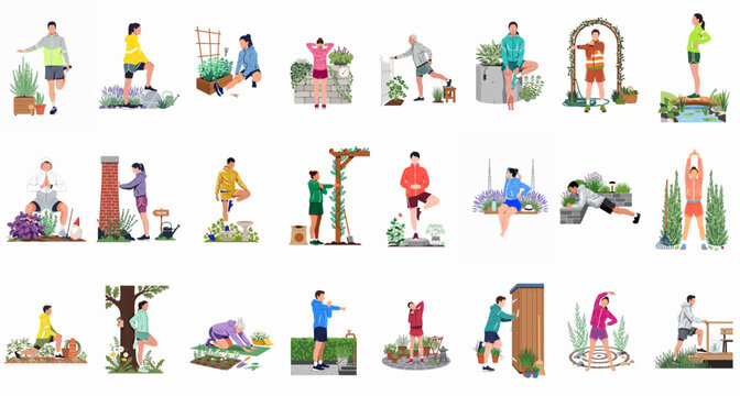 Diverse collection of people performing various stretches and exercises in beautiful garden settings, flat vector illustration set.
