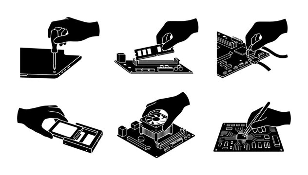 Computer Hardware Assembly Icons, PC Building Steps, Technology Setup Vector Set