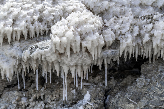 Salt formations on the shore of the Dead Sea in Israel.

