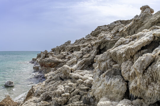 Salt formations on the shore of the Dead Sea in Israel.
