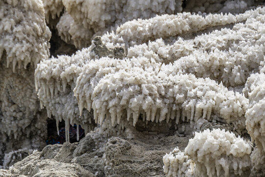 Salt formations on the shore of the Dead Sea in Israel.
