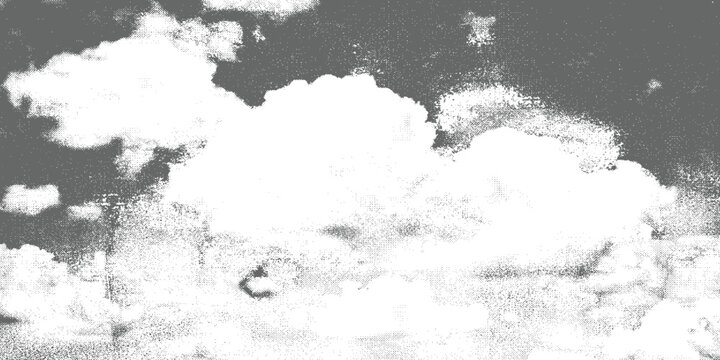 Vintage style black and white halftone sky and clouds background with dotted newspaper texture vector illustration.
