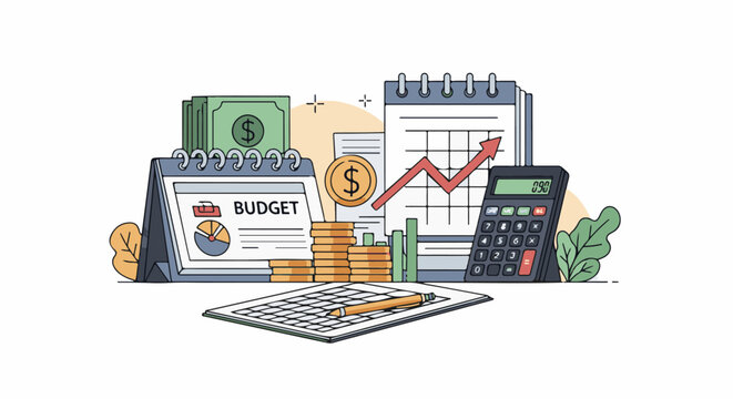 A colorful illustration of finance items