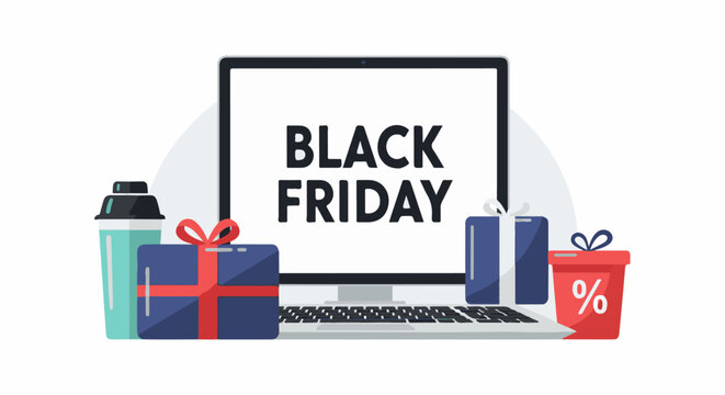 A laptop displays "BLACK FRIDAY" surrounded by gifts and a shaker