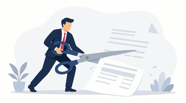 Minimalist flat vector illustration of a faceless businessman using giant scissors to cut a large paper tax bill, representing tax reduction, financial savings, and smart business management.