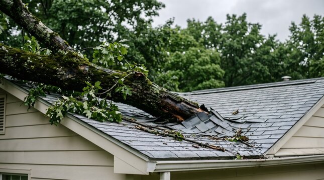 Fallen tree branch damages a residential roof during a heavy rainstorm