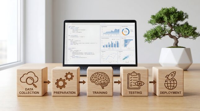 Machine Learning Pipeline Concept with Wooden Blocks and Laptop