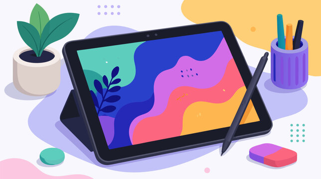 Professional digital graphic tablet with a precision drawing stylus pen, flat vector illustration of a creative designer workspace tool for digital art, illustration, and high-tech sketching.