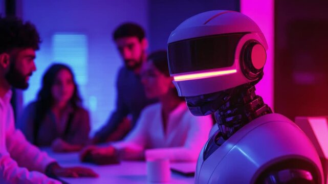Futuristic robot interacting with diverse team in a modern office setting showcasing AI technology. AI innovation and collaboration in action. Generative AI