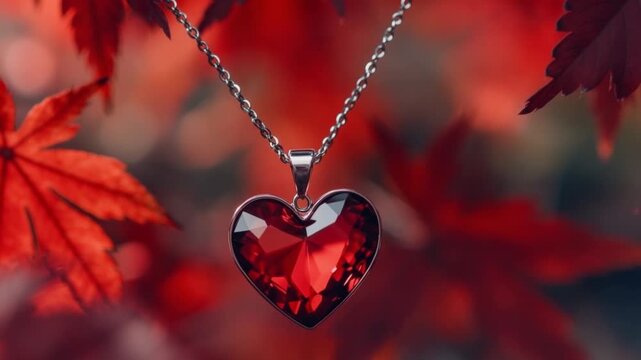Stunning Heart-Shaped Red Gemstone Necklace Surrounded by Red Leaves in the Autumn Scene for Jewelry Lovers and Nature Enthusiasts. Generative AI