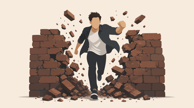 Faceless person powerfully breaking through a solid red brick wall representing overcome obstacles and success, flat vector illustration on a light background for business and personal growth.