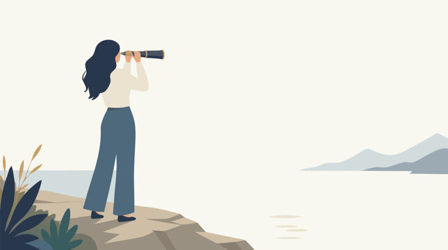 Minimalist flat vector illustration of a faceless woman peering through a spyglass telescope towards a glowing horizon, symbolizing strategic vision, future goals, and ambitious career discovery.