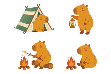 Cute capybara camping and adventure element set vector illustration isolated on white background © gizea.id