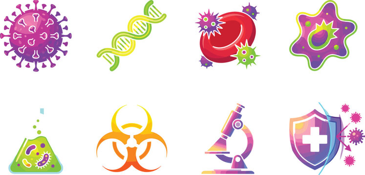Microbiology and immunology vector icon set with vibrant gradients featuring virus dna strand red blood cell amoeba laboratory flask biohazard microscope and immune shield.