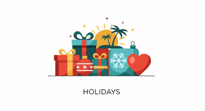 Colorful holiday gifts and decorations on white background with palm trees