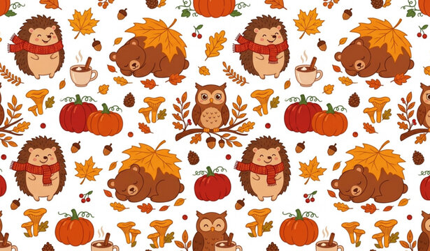 Cozy autumn animals and fall leaves seamless vector pattern in warm hygge style for wrapping paper