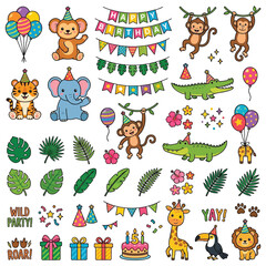 Fototapeta premium Jungle Animals Birthday Party Decorations and Elements.