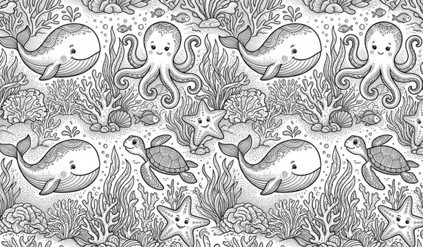 Cute ocean animals and coral reefs seamless vector pattern in black line art ink doodle style