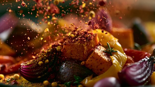 Macro shot of spices falling onto roasted vegetables, vibrant color explosion, dynamic food styling