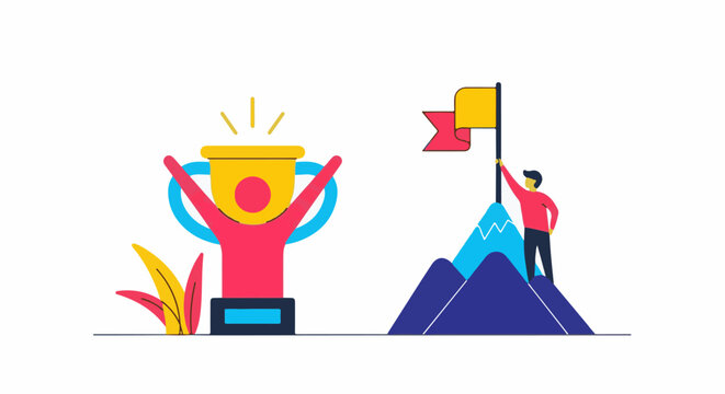 Illustration of triumphant man holding trophy and another on mountain peak