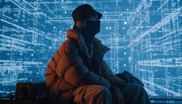 Anonymous masked creative sitting before a glowing blue digital projection filled with abstract data structures, representing technology, innovation, artificial intelligence, gaming, and future vision