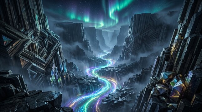 futuristic landscape neon river sci-fi world aurora borealis fantasy scenery cyberpunk cityscape glowing pathway misty mountains space age architecture rainbow colored stream