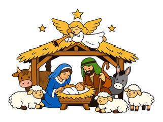 Naklejka premium Cartoon nativity showing Mary, Joseph, and baby Jesus in a manger with an angel playing trumpet, stars, and animals
