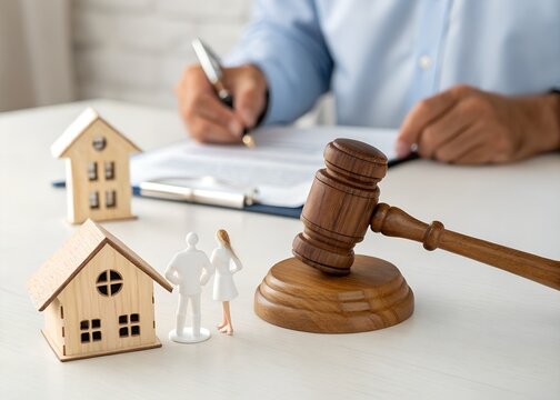 Legal Property and Family Law Concept with Gavel Houses and Couple &ndash; Justice, Court, Rights, Authority, Law, Divorce, Custody, Inheritance, Settlement
