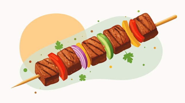 Delicious grilled meat skewer shish kebab with vegetables, traditional barbecue food icon for restaurant menus and summer cookout designs, colorful flat vector illustration of tasty BBQ meal.