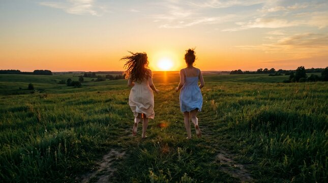 Two girls running hand in hand through meadow path at sunset in countryside landscape