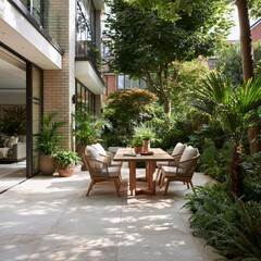Fototapeta premium Contemporary patio garden with large stone tiles, outdoor dining set, surrounding greenery, seamless indoor-outdoor living concept