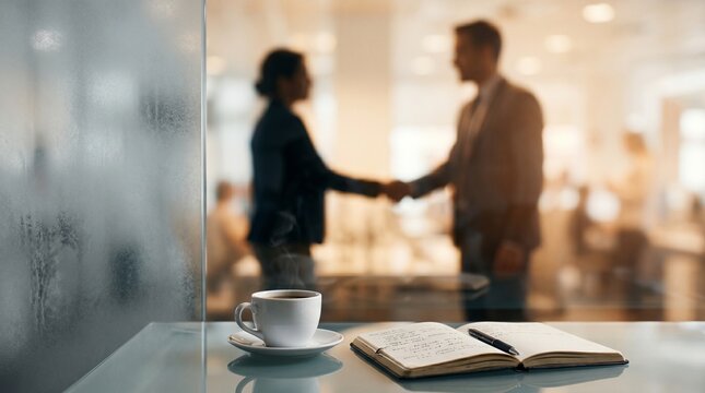 Coffee cup and open notebook on table with blurred handshake agreement in office lounge