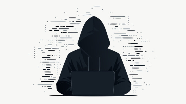 Mysterious hacker silhouette in a hoodie surrounded by falling digital code and binary data, professional flat vector illustration for cybersecurity, data privacy, and computer programming tech.