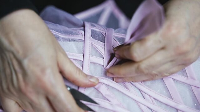The designer is sewing the bodice of the pink evening gown (stock video).