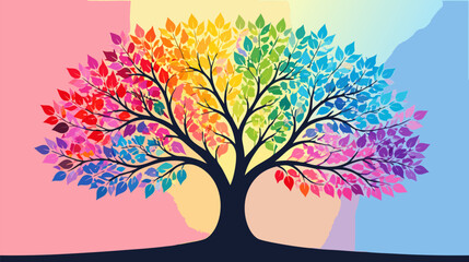 Naklejka premium Vibrant tree silhouette with a dense canopy of multicolored leaves in rainbow hues, representing nature's diversity, environmental conservation, and seasonal change in a flat vector style.