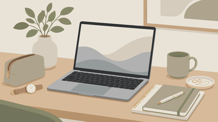 Fototapeta premium Open laptop computer resting on a clean office desk, flat vector illustration of a modern mobile workstation for remote work, education, and digital lifestyle in a minimalist tech environment.