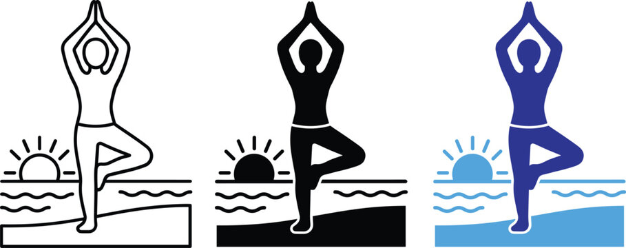 Yoga Pose Icons Vector Line Art Fill Color Illustration Sunset Beach Meditation