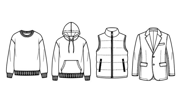 Technical fashion flat vector icon set with clothing outline signs of sweatshirt hoodie sleeveless jacket and formal blazer coat