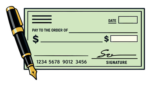 Paying bills or making purchases using a personal check with a classic fountain pen, financial transactions