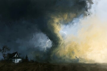 Fototapeta premium Massive tornado funnel cloud approaching a small house in a field during a storm.
