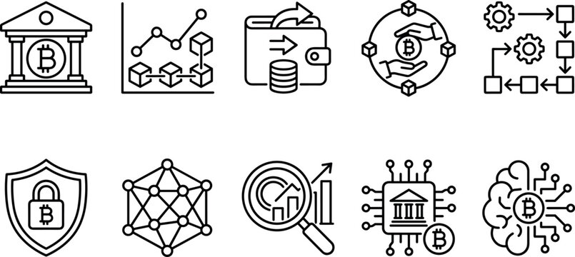 Blockchain technology and cryptocurrency fintech line icon set featuring bitcoin wallet node security brain network workflow analytics vector