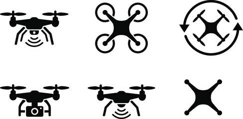 Fototapeta premium Black silhouette collection of modern drones with camera, signal waves, rotation arrows, and quadcopter aerial technology designs