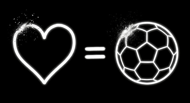 A glowing white chalk outline of a heart equal to a soccer ball on a black background, both featuring a slight powder spray explosion effect.