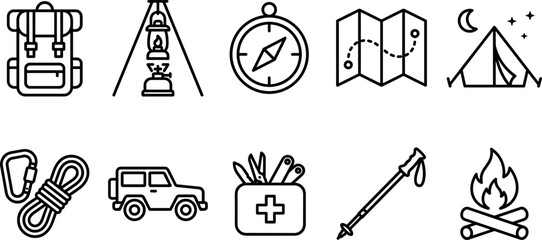 Camping and outdoor adventure line icon set featuring backpack lantern compass map tent rope truck first aid vector © Ruksana Studio