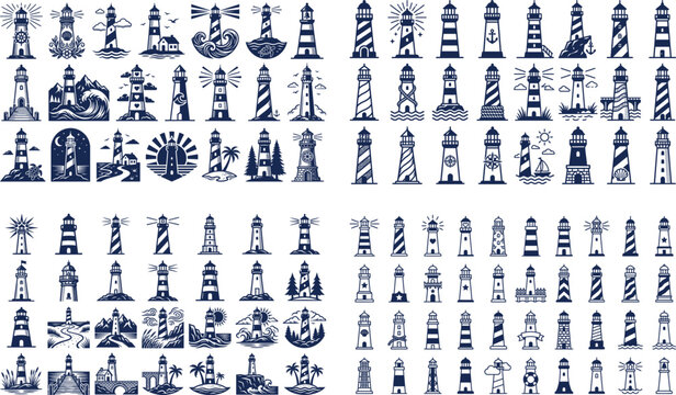 Collection of nautical lighthouse vector icons in clean line art style for maritime logo design
