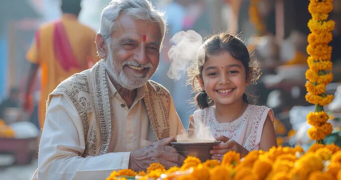 Smiling elderly man and young girl holding a smoking offering bowl surrounded by vibrant marigold flowers at a traditional event.
